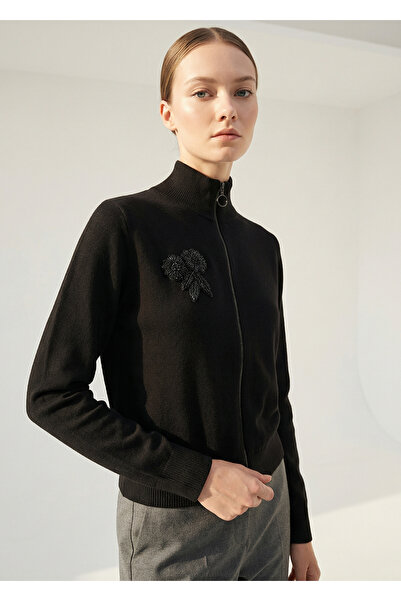 Exquise Zippered Mock Neck Long Sleeve Regular Knitwear Cardigan