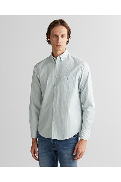 Gant Erkek Yeşil Regular Fit Düğmeli Yaka Çizgili Oxford Gömlek
