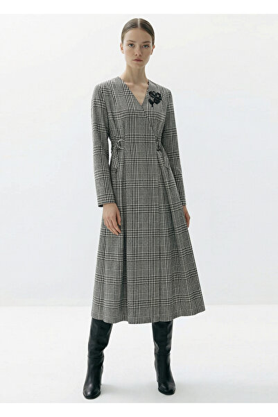 Exquise Plaid Waist Belt Detailed Wrapped Slim Fit Midi Dress