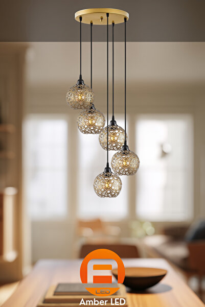 AmberLED Şık Metal Gövdeli 5'Li Tepsi Sarkıt Parlak Gold Aydınlatma