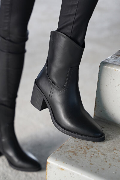 Marjin Cizme negre de damă cu toc gros, cu fermoar