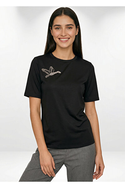 Exquise Crew Neck Bird Embroidered Short Sleeve Knitted T-Shirt