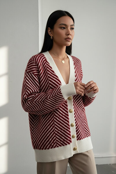 NEWCO Women's Button-Detail Daily and Office Stylish Yumoş Oversize Knitwear Sweater Cardigan - Red