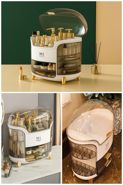 MAKRİ HOME منظم مكياج متعدد الأقسام من مالتي بوكس بغطاء شفاف غير قابل للكسر، أبيض، 29 × 19 × 34 سم