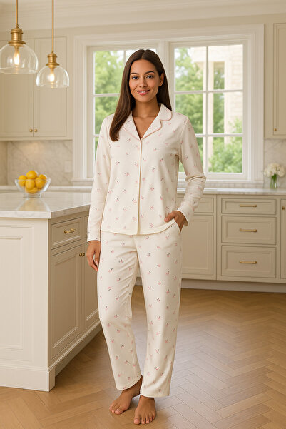 Espuar Κομψό κοστούμι πιτζάμες με μοτίβο νυφικών λουλουδιών με παγιέτες στο μπροστινό μέρος και κουτί με μαργαριτάρια