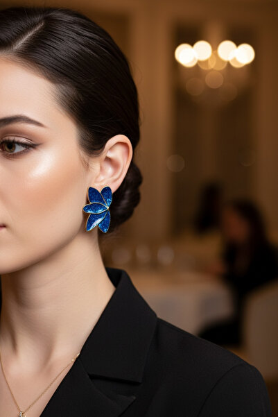 MODAMİRA AKSESUAR Zara Model Yaprak Küpe | Lacivert Boy: 4 cm - En: 2,5 cm