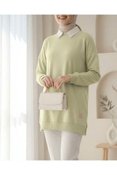 Modamorfo Bisiklet Yaka Yırtmaçlı Armalı Sweat -Bej