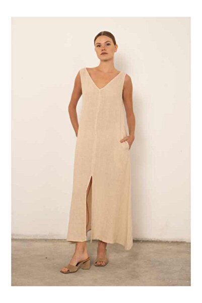 İpekçi Otantik V Yakalı Yırtmaçlı Ham Keten Elbise