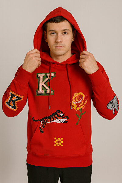 YusGos Unisex Men/Women High Quality Concept Cotton Hooded Knz Sweatshirt with Arm and Chest Embroidery Red