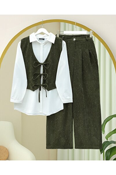 Modamorfo Tie-Front Vest Pants Velvet Suit - Khaki