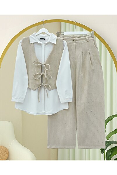 Modamorfo Tie-Front Vest Trousers Velvet Suit - Beige