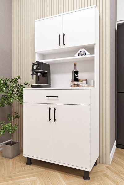 ASES Esl0173 Kahve Köşesi Çok Amaçlı Dolap 4 Kapaklı 1 Çekmeceli Kiler Mutfak Dolabı Beyaz