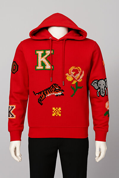 YusGos Unisex Men/Women High Quality Concept Cotton Hooded Knz Sweatshirt with Arm and Chest Embroidery Red