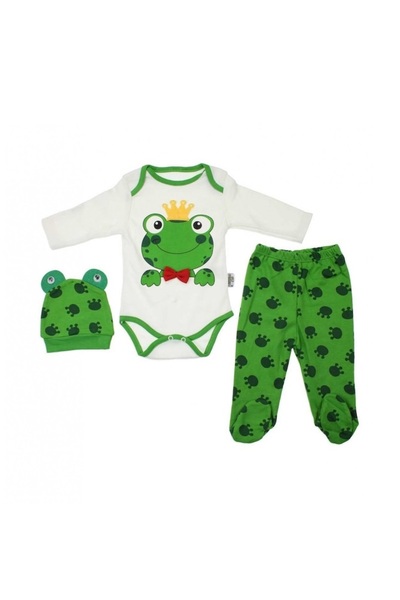 SSMEDIA Set of children's clothes - body, pants, and hat - frog design, size 62