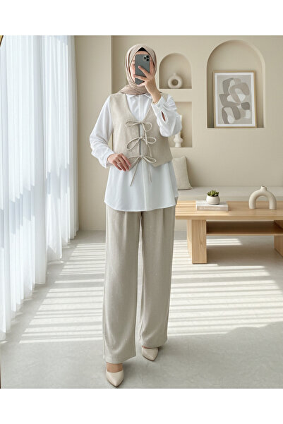 Modamorfo Tie-Front Vest Trousers Velvet Suit - Beige