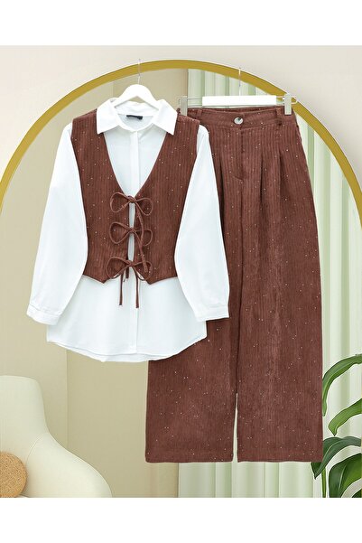 Modamorfo Tie-Front Vest and Pants Velvet Suit -Tile