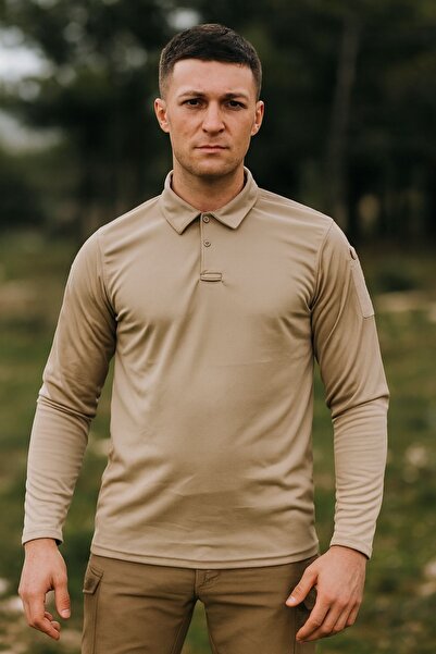 SINGLE SWORD Μακρυμάνικο ανοιχτό μπεζ γιακά πόλο Tactical T-shirt/φούτερ