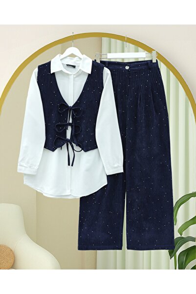 Modamorfo Tie-Front Vest Trousers Velvet Suit - Navy
