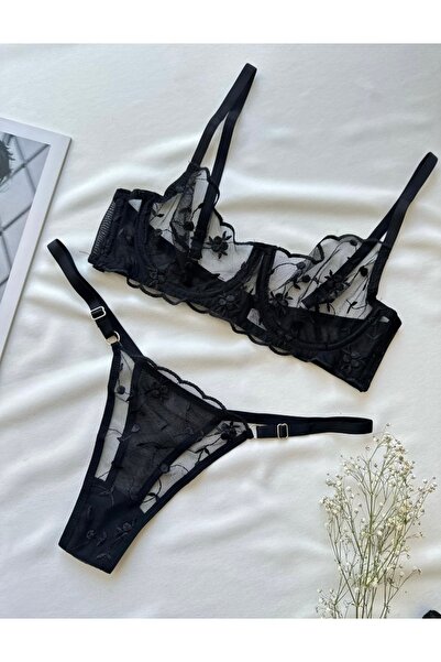 Tual Siyah Çiçek Desenli İç Çamaşır Bralet Takımı