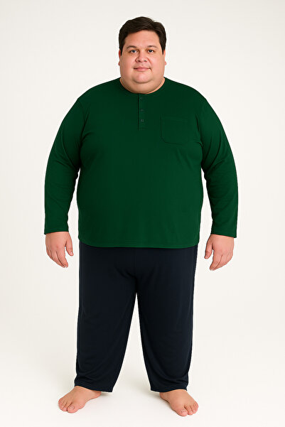 KLY Σετ ανδρικών πιτζάμες σε μέγεθος Oversize 100% βαμβακερό πράσινο χρώμα - Midi γιακά από 3XL έως 9XL, 3 κουμπιά μπροστά