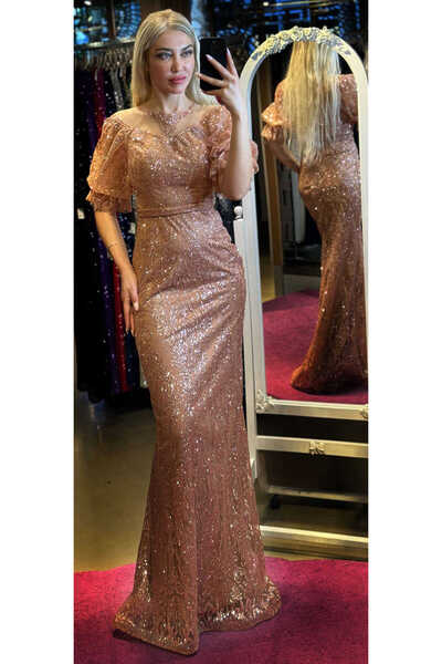 Abiyeniall Bakır Balon Kollu Dantel Detaylı Düz Kesim Simli Uzun Abiye Elbise...