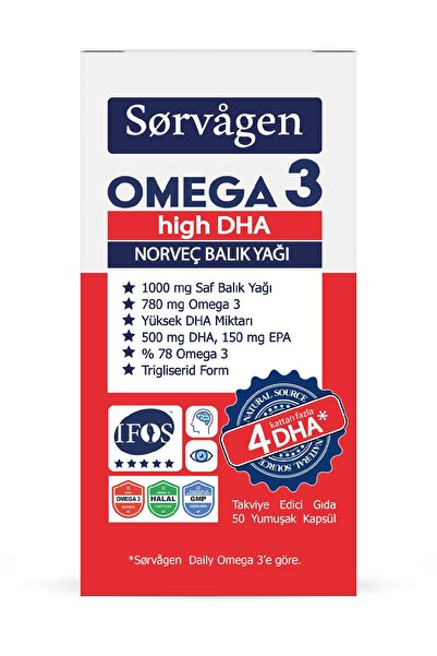 Sorvagen Omega 3 High DHA Saf Norveç Balık Yağı, 50 Kapsül, 1000 mg