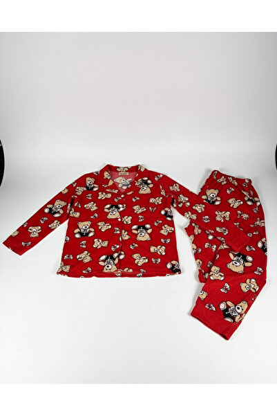 YusGos Women's Teddy Bear Teddy Bear Patterned Suede Buttoned Pajama Set (Red) Red 2XL