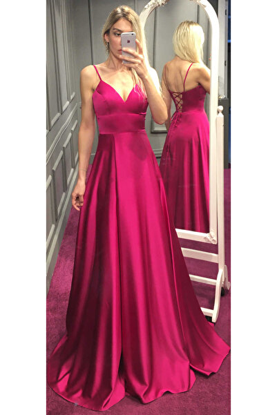 Abiyeniall Fuşya İp Askılı Sırt Dekolteli Anvelop Yırtmaçlı Kloş Etekli Saten...