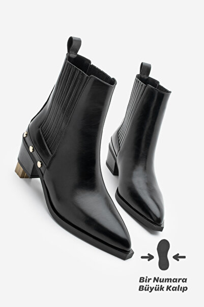 Marjin Women's Pointed Toe Chelsea Double Elastic Trock Studded Heeled Boots Alura Black