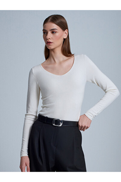 Dilvin 10842 Pulover din amestec de cașmir cu decolteu în V-Ecru