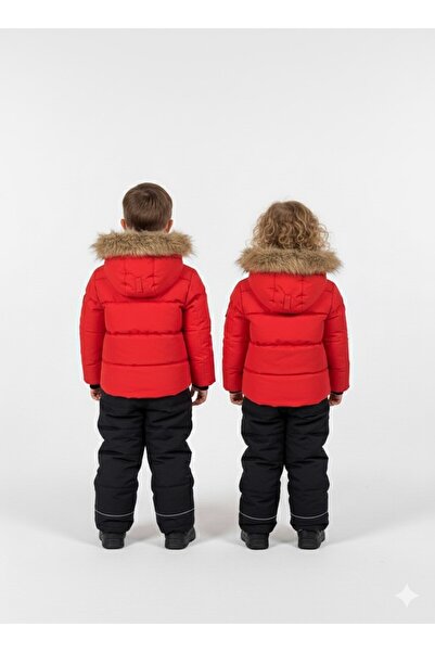 YusGos Hooded Baby Kids Snow Winter Astronaut Coat and Suspender Salopet Padded Pants Coat (1-5 Years) Red