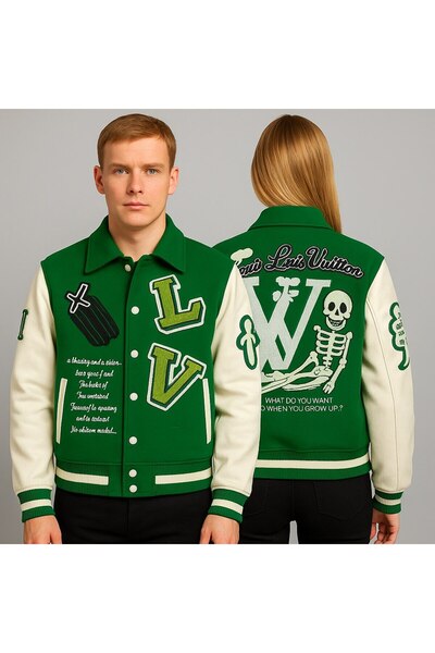 YusGos Unisex Women'S/Men's Embroidered Back and Front Special Design High Quality College Coat Jacket Green 2XL