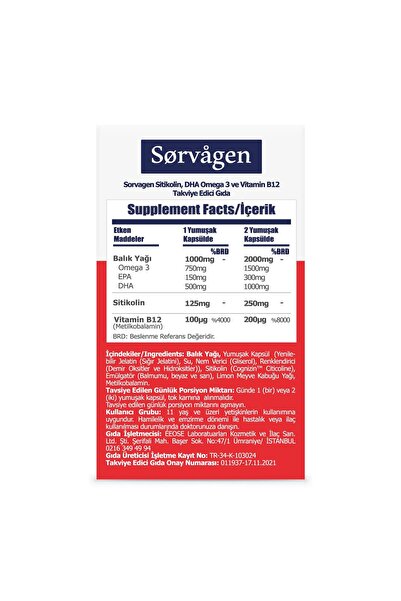 Sorvagen SİTİKOLİN, DHA OMEGA 3 VE B12 (30 KAPSÜL) - 2 Adet