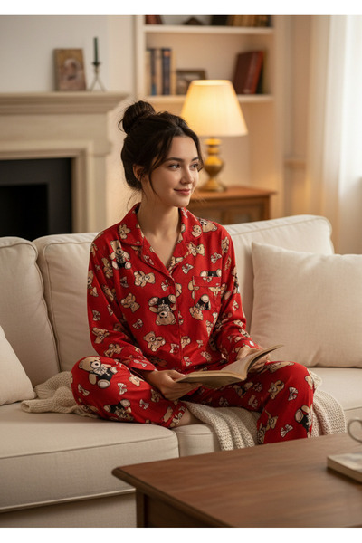 YusGos Women's Teddy Bear Teddy Bear Patterned Suede Buttoned Pajama Set (Red) Red 2XL