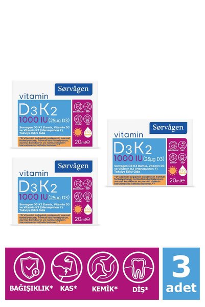 Sorvagen Vitamin D3K2 Drop 20 ml (1000 Iu)-(Vitamin D3 of German Origin) 3 Pieces