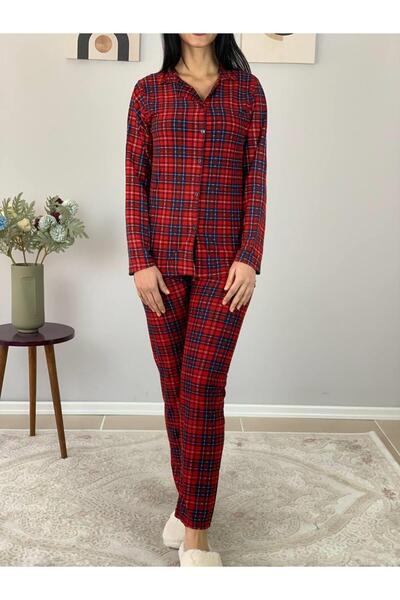 YusGos Women's Plaid Patterned Suede Buttoned Pajama Set (Red) Red 2XL