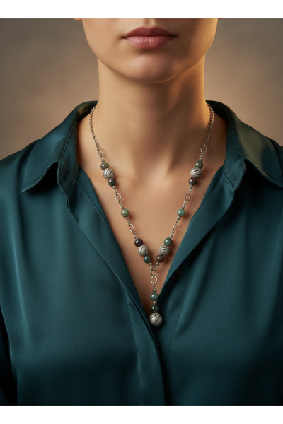 NERYMAN DOĞAL TAŞ, YOSUNLU AKİK (MOSS AGATE) İLE TASARLANMIŞ ŞIK KOLYE