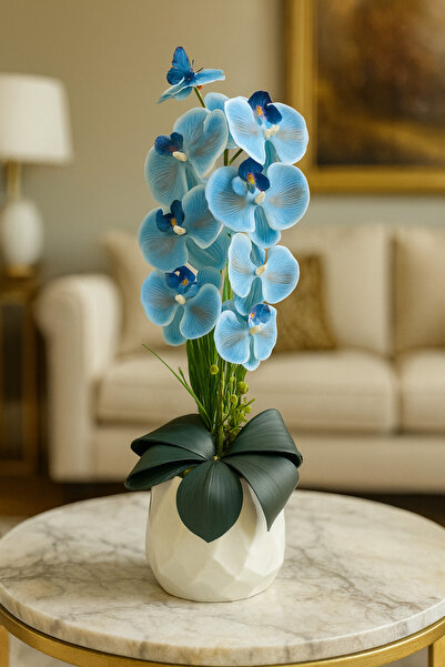 İSHTAR DEKOR LÜKS CEZVE SAKSI - MAVİ ORKİDE ARANJMAN - METAL SAKSI KREM