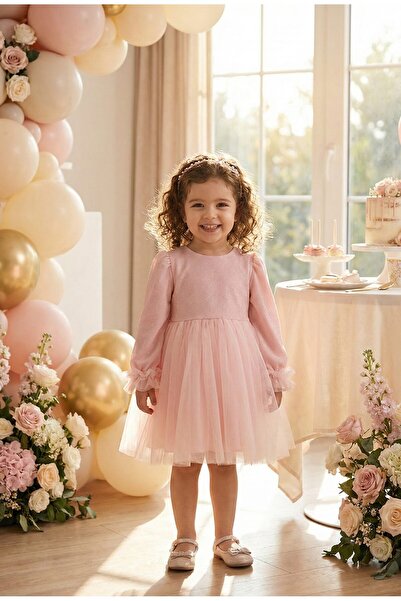 penu baby kids Pembe Uzun Balon Kumaş Kol Altı Tütülü Kız Bebek Elbise - Cind...