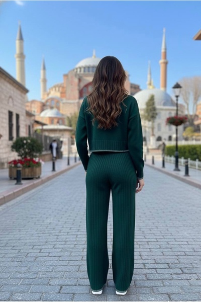 YusGos Women's Crew Neck Patterned Crop Sweater Pants Knitwear Top and Bottom Set