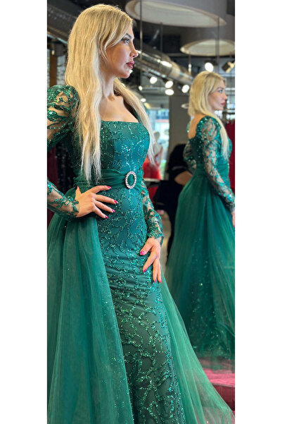 Abiyeniall Dlouhé večerní šaty s dlouhým rukávem rovného střihu v petrolejové barvě 7363