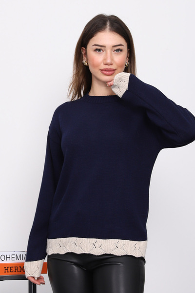 İmajButik Navy Blue Crew Neck Knit Sweater with Guipure Detail on Sleeves and Hem