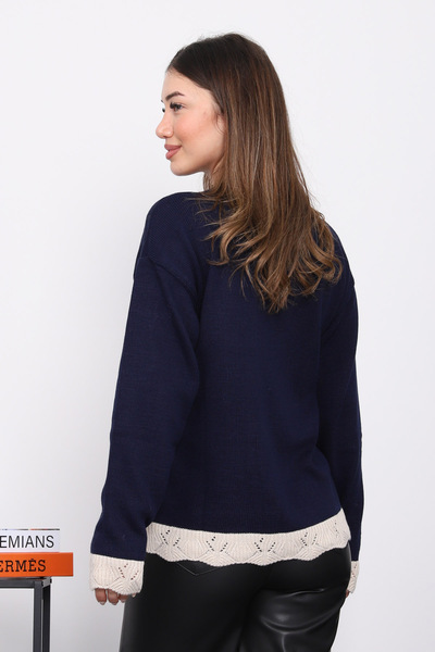 İmajButik Navy Blue Crew Neck Knit Sweater with Guipure Detail on Sleeves and Hem
