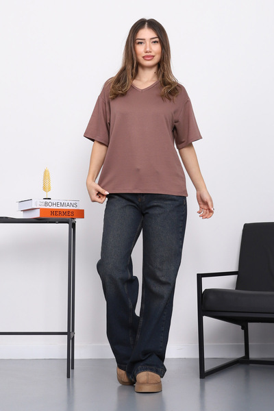 İmajButik Brown V-Neck Short Sleeve T-Shirt