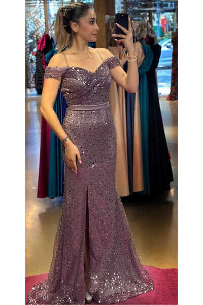 Abiyeniall Lavanta Sırt Dekolteli Yırtmaçlı Pullu Boncuklu Uzun Abiye Elbise ...