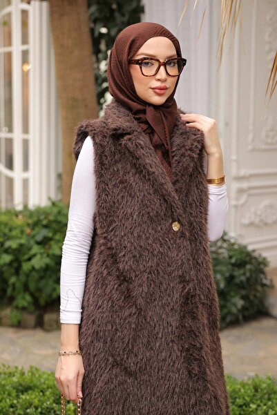 İmajButik Кафява чанта с подарък – жилетка от изкуствена ангорска кожа