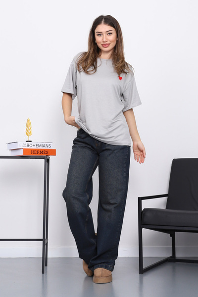 İmajButik Gray Embroidered Short Sleeve Modal T-Shirt