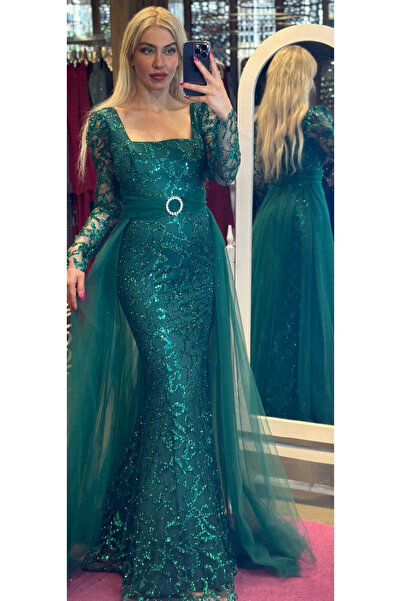 Abiyeniall Dlouhé večerní šaty s dlouhým rukávem rovného střihu v petrolejové barvě 7363