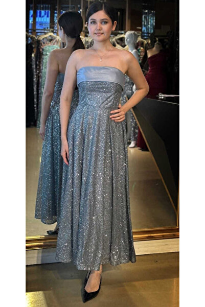 Abiyeniall Gri Straplez Yaka Kloş Etekli Simli Midi Abiye Elbise 7776