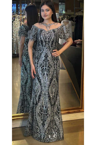 Abiyeniall Siyah Gümüş Balon Kollu Dantel Detaylı Düz Kesim Simli Uzun Abiye ...